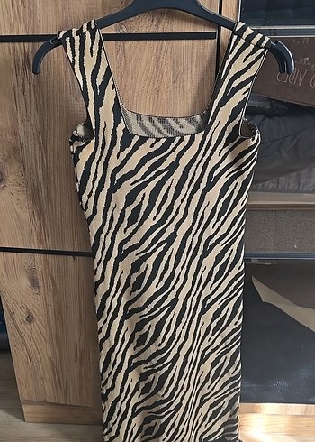 Kahverengi Zebra Desenli Midi Triko Elbise - Görsel 3