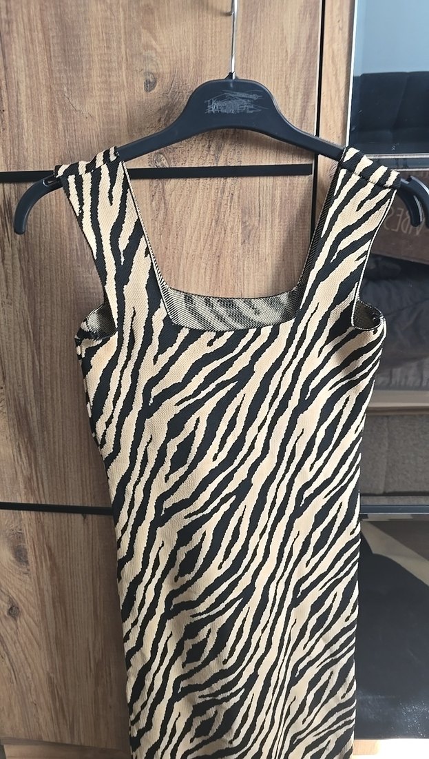 Kahverengi Zebra Desenli Midi Triko Elbise - Görsel 4