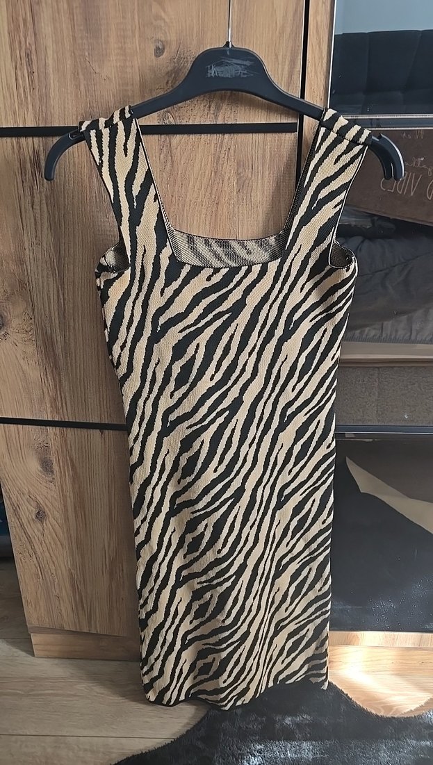 Kahverengi Zebra Desenli Midi Triko Elbise - Görsel 3