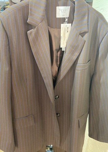 Kadın Çizgili Kahverengi Blazer Ceket - Görsel 2