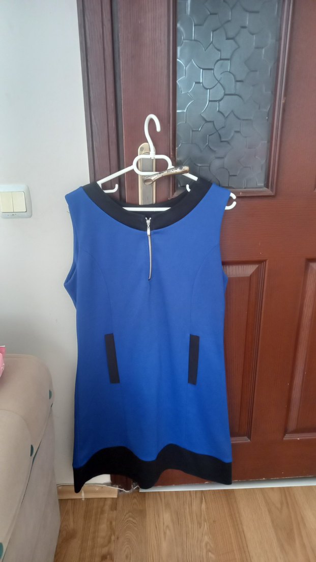 Mavi V Yakalı Kolsuz Kalem Elbise - Görsel 5