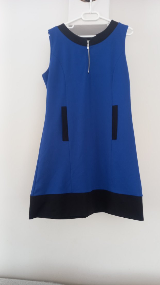 Mavi V Yakalı Kolsuz Kalem Elbise - Görsel 3