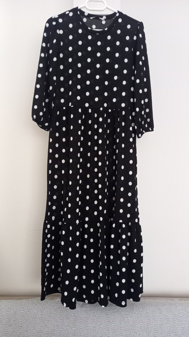 Siyah Puantiyeli Uzun Salaş Elbise - Görsel 2