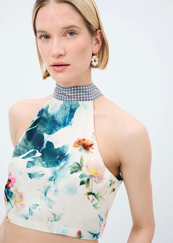 Mavi Çiçek Desenli Crop Top - Görsel 2