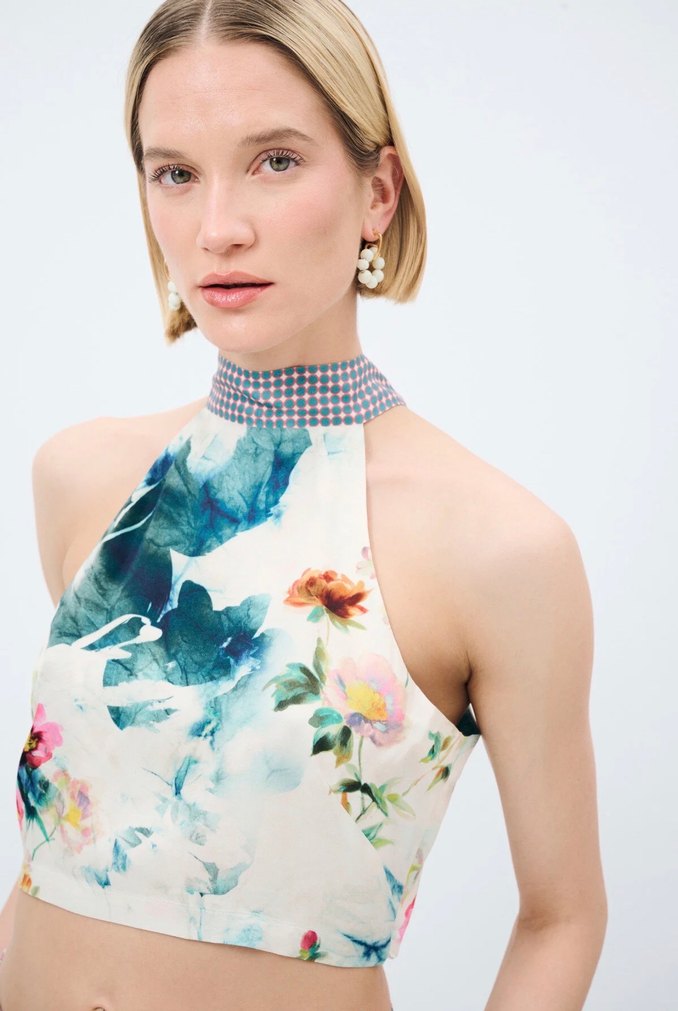 Mavi Çiçek Desenli Crop Top - Görsel 2