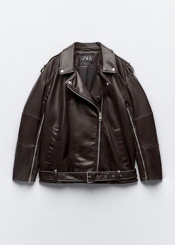 Kemerli Kahverengi Deri Biker Ceket