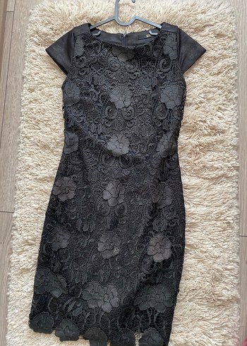36 beden Dantel Detaylı Siyah Midi Elbise - Görsel 3