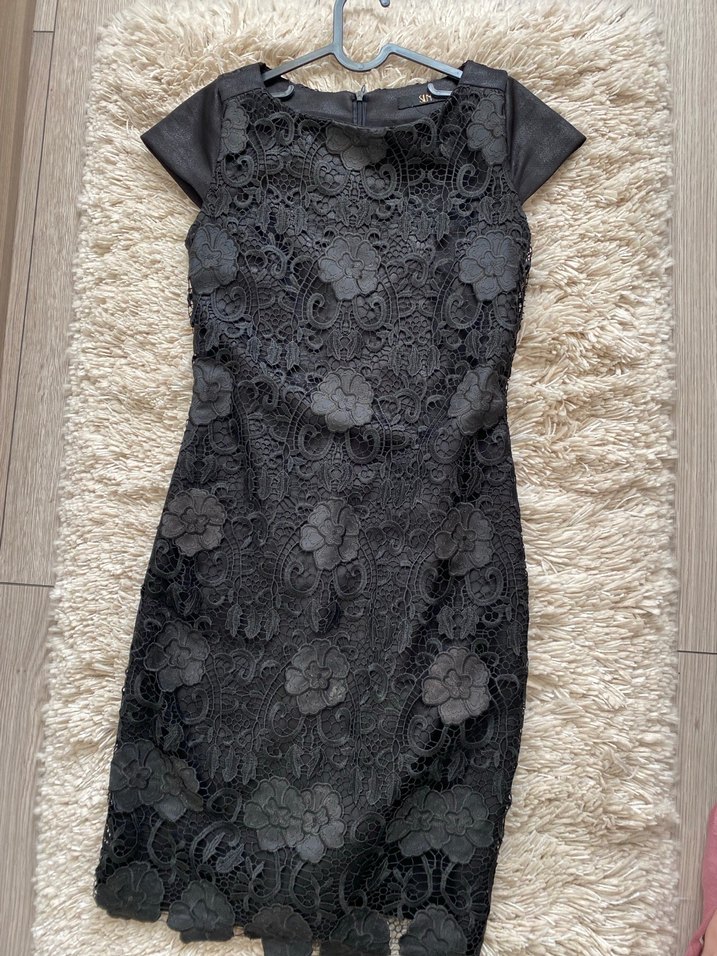 36 beden Dantel Detaylı Siyah Midi Elbise - Görsel 3