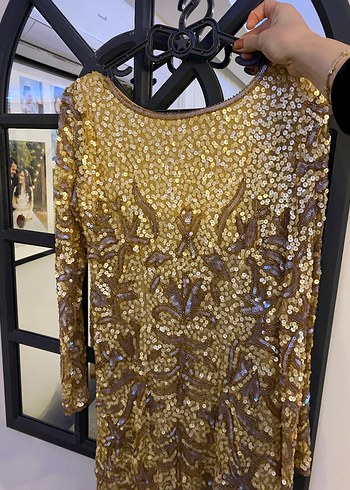 Uzun Kollu Altın Payetli Abiye Elbise - Görsel 6