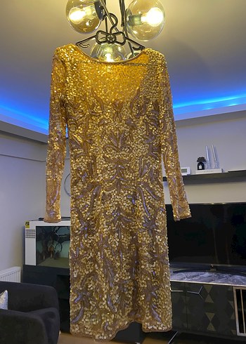 Uzun Kollu Altın Payetli Abiye Elbise - Görsel 4