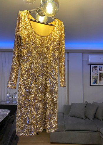 Uzun Kollu Altın Payetli Abiye Elbise - Görsel 10