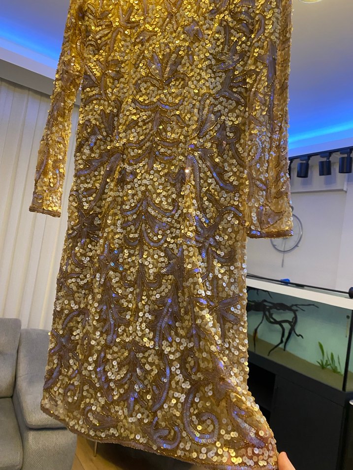 Uzun Kollu Altın Payetli Abiye Elbise - Görsel 3