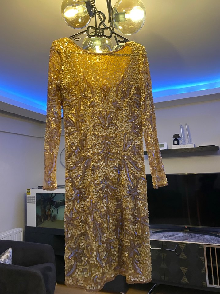 Uzun Kollu Altın Payetli Abiye Elbise - Görsel 4