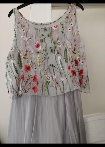 Gri Nakışlı Uzun Bohem ipek Elbise - Görsel 4