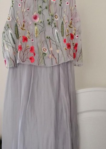 Gri Nakışlı Uzun Bohem ipek Elbise - Görsel 6