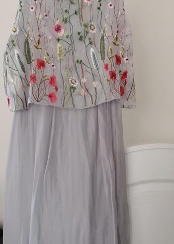 Gri Nakışlı Uzun Bohem ipek Elbise - Görsel 3