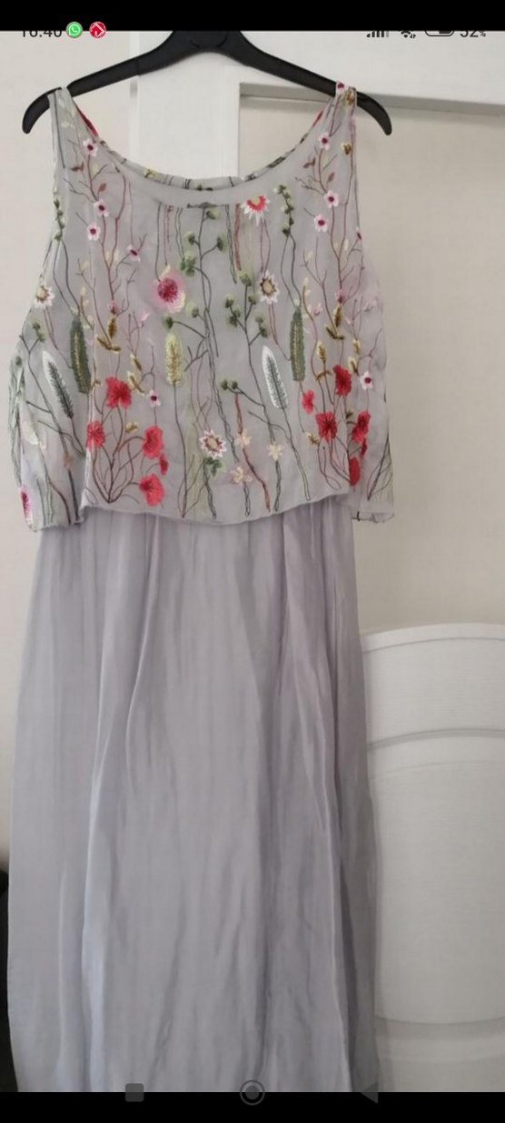 Gri Nakışlı Uzun Bohem ipek Elbise - Görsel 3