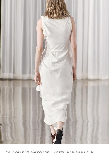 Zara Drapeli Beyaz Keten Uzun Elbise - Görsel 2