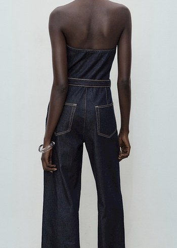 Kadın Lacivert Straplez Kot Tulum - Görsel 2