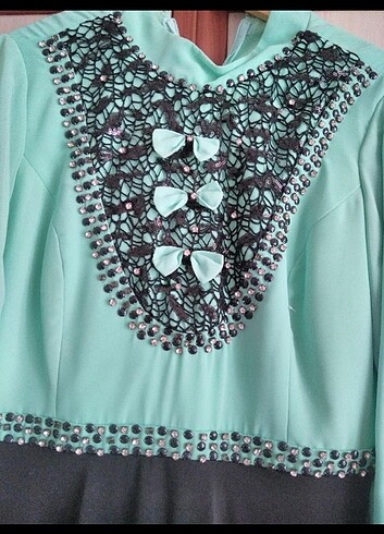44 Beden turkuaz Renk Su yeşili sorunsuz kumaşı çok kaliteli abiye elbise