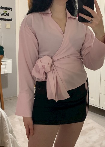 Pembe V Yaka Kuşaklı Kadın Gömlek - Görsel 2