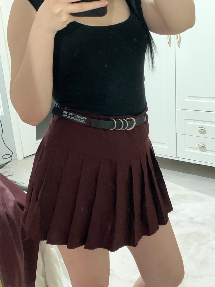 Bordo Mini Etek Kemerli - Görsel 3