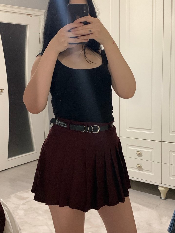 Bordo Mini Etek Kemerli - Görsel 5