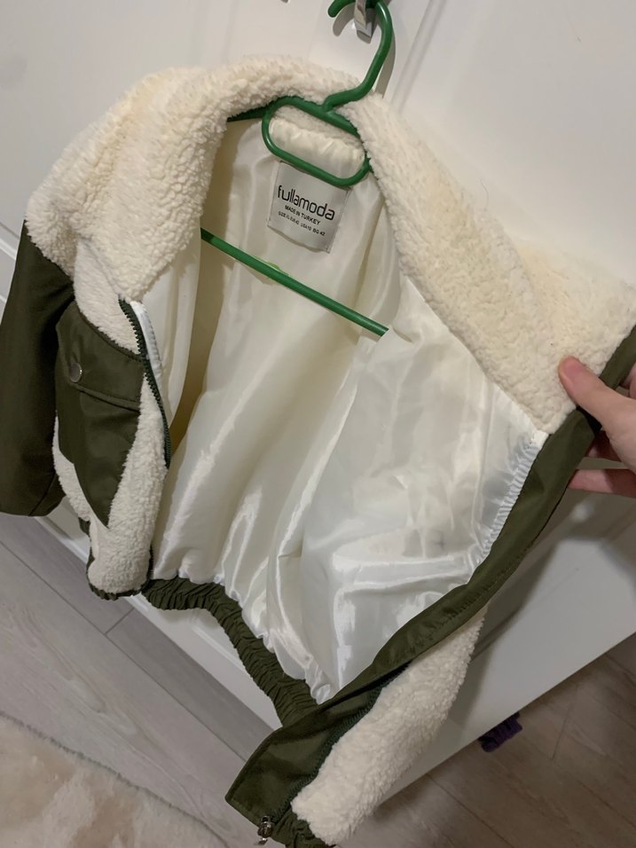 Kürklü Yeşil Gri Kadın Kısa Mont - Görsel 4