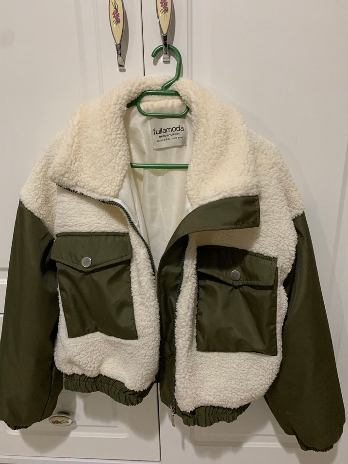 Kürklü Yeşil Gri Kadın Kısa Mont - Görsel 2