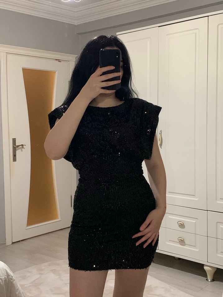 Siyah Parıltılı Mini Elbise - Görsel 2