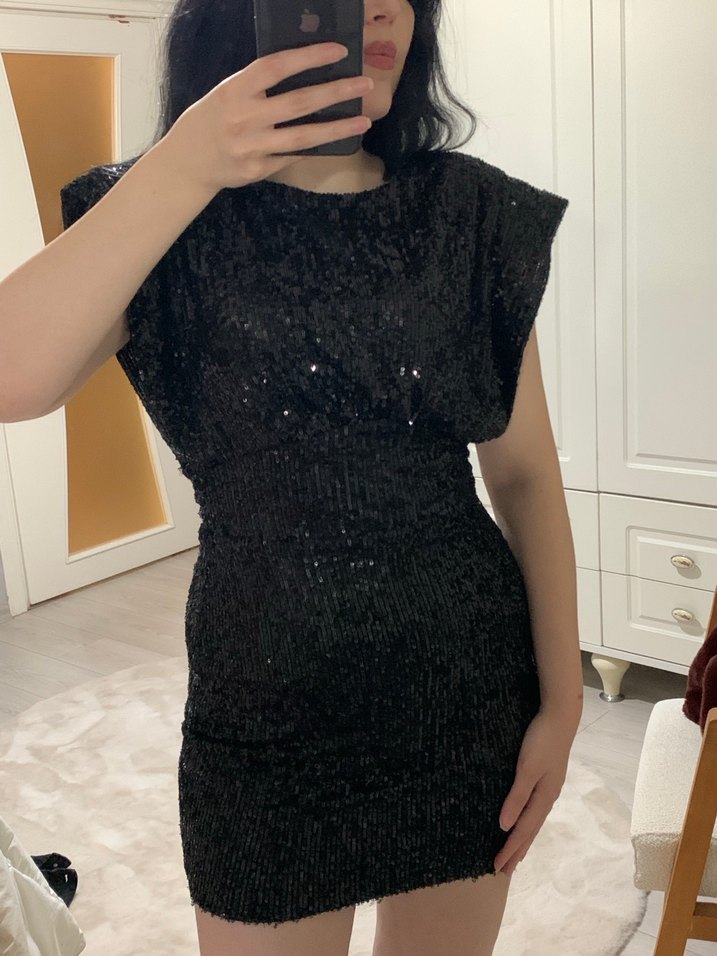 Siyah Parıltılı Mini Elbise - Görsel 3
