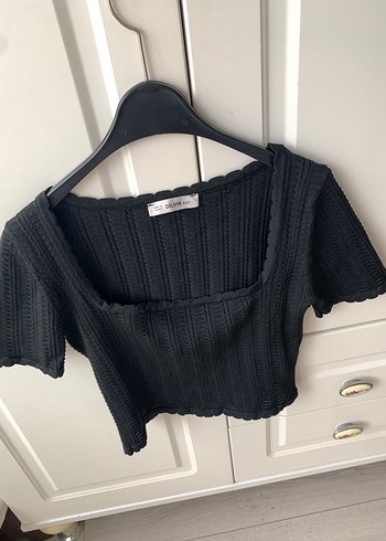 s Beden siyah Renk Siyah Örgü Kısa Kollu Crop Top