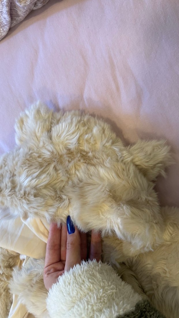 BERSHKA ayı kulaklı Bej Midi Boy Kadın Sahte Kürk Peluş mont - Görsel 4