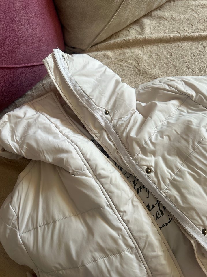 Beyaz Midi Kadın Mont Yüksek Yakalı Fermuarlı - Görsel 4