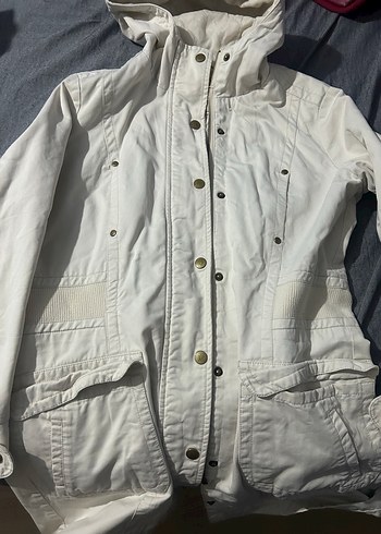 Düğmeli Beyaz Pamuk Kadın mont kapsonlu - Görsel 3