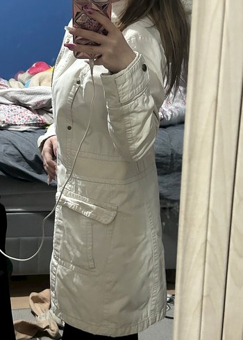 Düğmeli Beyaz Pamuk Kadın mont kapsonlu - Görsel 2