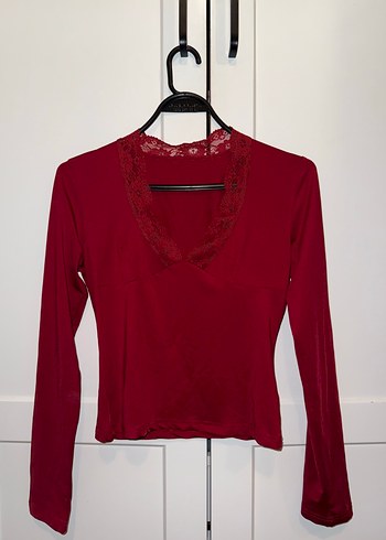 Zara Bordo Dantel V Yaka Bluz