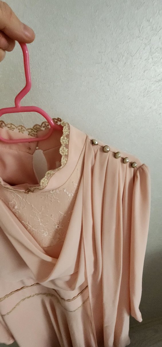 Pembe Uzun Kollu Drapeli Kadın Elbise - Görsel 3