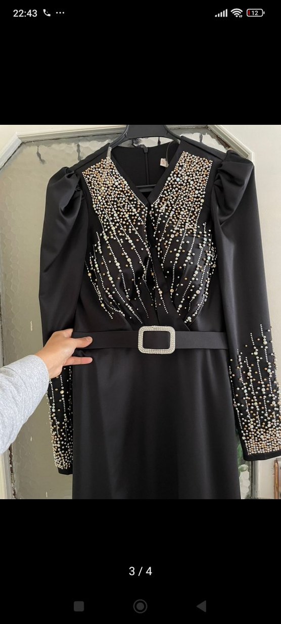 Uzun Siyah Dökümlü Etnik Desenli Kadın Elbise - Görsel 3