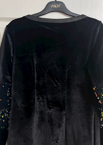 Uzun Kollu Payetli Siyah kadife Kadın Elbise - Görsel 4