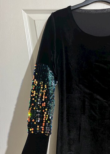 Uzun Kollu Payetli Siyah kadife Kadın Elbise - Görsel 2