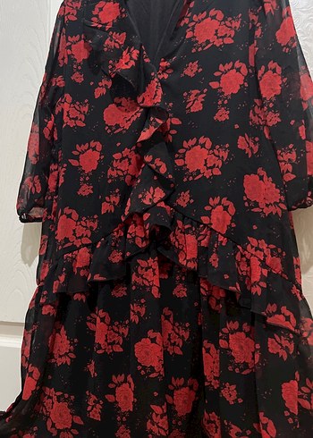 Uzun Kollu Kırmızı Siyah Fırfırlı şifon Elbise - Görsel 3