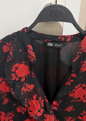 Uzun Kollu Kırmızı Siyah Fırfırlı şifon Elbise - Görsel 2