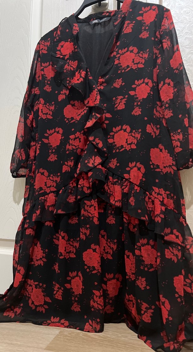 Uzun Kollu Kırmızı Siyah Fırfırlı şifon Elbise - Görsel 3