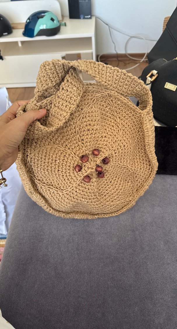 Düğmeli Bej Örgü Kadın Çanta - Görsel 4