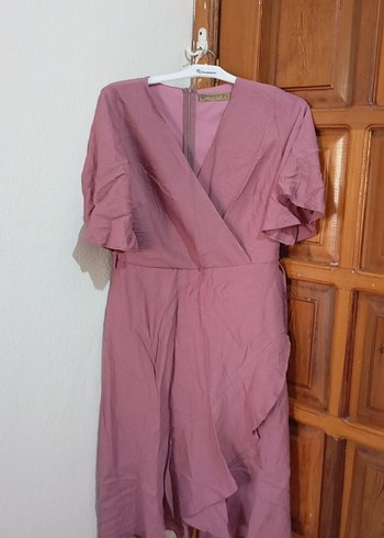 Pembe V Yaka Midi Keten Elbise