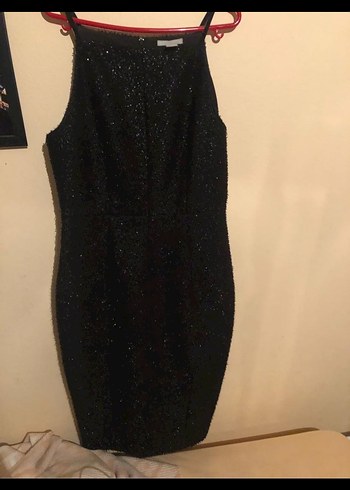 Simli Siyah halter Yaka Midi Elbise - Görsel 4