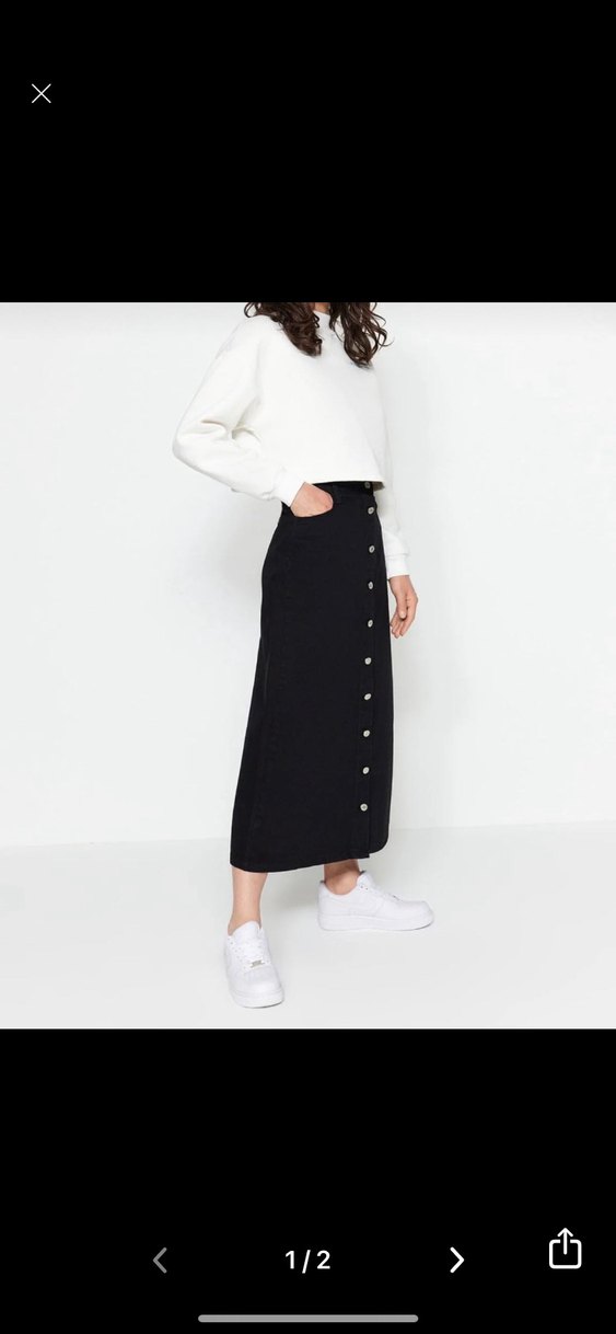 Düğmeli Siyah Midi Denim Etek - Görsel 2