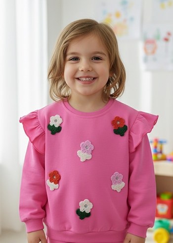 Kız Çocuk Pembe Fırfırlı Nakışlı Sweatshirt