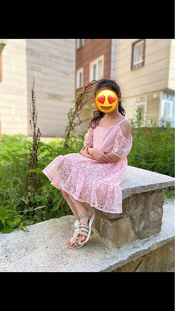 6 Yaş Beden pembe Renk Pudra çocuk dantel detaylı elbise 6-7 yaş